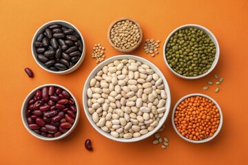 Fototapeta premium Assorted Beans Showcased on Bright Orange Background Generative AI