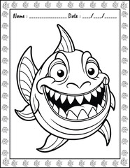Obraz premium Cute Monster Fish Coloring Pages For Kids. High resolution (300 DPI), ready to print on standard 8.5x11 inch paper With No Bleed, Black and White Vector illustration AI, EPS, PNG, JPEG.