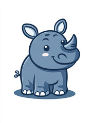 Fototapeta premium A cute cartoon baby rhino with big eyes, two horns, and a friendly expression. The blue rhino stands on a light grey shadow, making it visually appealing and charming.