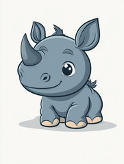 Naklejka premium A cute cartoon baby rhino with big eyes, two horns, and a friendly expression. The blue rhino stands on a light grey shadow, making it visually appealing and charming.
