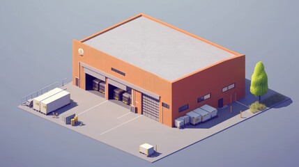 Low-poly isometric illustration of a warehouse with loading docks, trucks, and a tree.