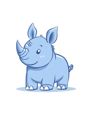 Naklejka premium A cute cartoon baby rhino with big eyes, two horns, and a friendly expression. The blue rhino stands on a light grey shadow, making it visually appealing and charming.