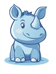 Fototapeta premium A cute cartoon baby rhino with big eyes, two horns, and a friendly expression. The blue rhino stands on a light grey shadow, making it visually appealing and charming.