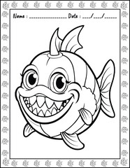 Cute Monster Fish Coloring Pages For Kids. High resolution (300 DPI), ready to print on standard 8.5x11 inch paper  With No Bleed, Black and White Vector illustration AI, EPS, PNG, JPEG.