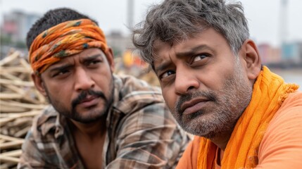 Obraz premium Serious Men: Two men, one with a patterned headband and the other with graying hair, share a serious and intense gaze. Their expressions hint at a shared experience or contemplation.