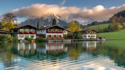 Naklejka premium Picturesque Alpine Village by the Lake with Mountain Reflections