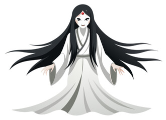 traditional Japanese ghost woman (yūrei) with long black hair, white kimono, and pale face, floating eerily with no feet, isolated on white background, horror vector style

