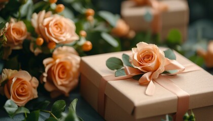 Fototapeta premium Gift box with roses and greenery