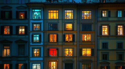 A colorful urban scene showcasing illuminated windows in an apartment building at night.