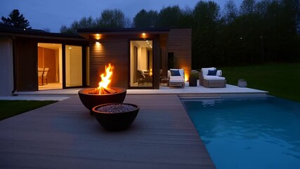 Modern backyard with fire pit and pool at dusk luxury living