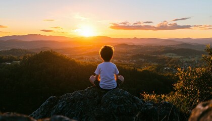 Obraz premium Child meditates at sunset, mountaintop view
