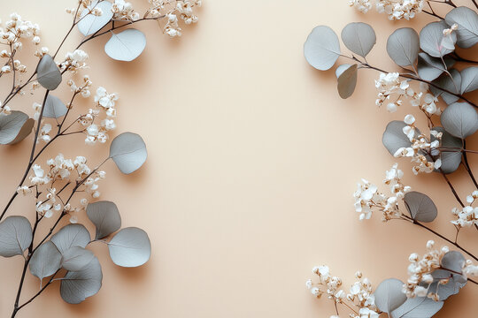 Elegant floral arrangement with muted sand beige background, featuring delicate white flowers and soft green leaves, creating natural and effortless aesthetic