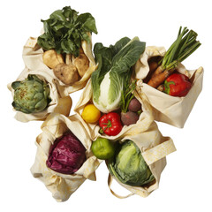 Fresh vegetables in eco-friendly bags with transparent background for healthy living