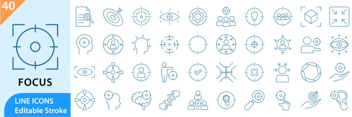 Focus line editable icon set. Line icons related to focus and concentration. Editable stroke. Vector illustration