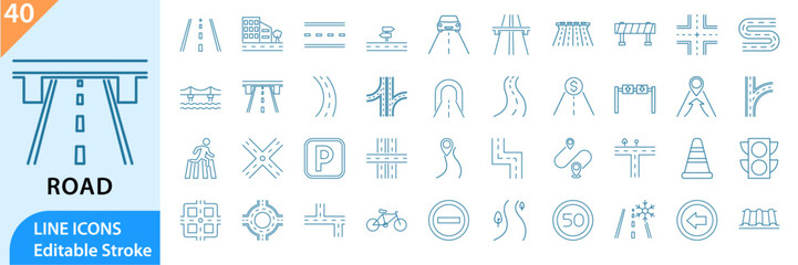 Set outline icons related to road infrastructure. Linear icon collection. Editable stroke. Vector illustration