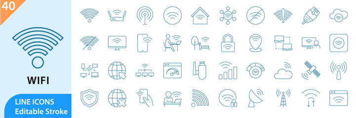 Wifi icon set. Containing online, signal, wireless, internet, and more. Set of line icons related to wireless, internet, computer, wifi router. vector illustration. editable stroke.