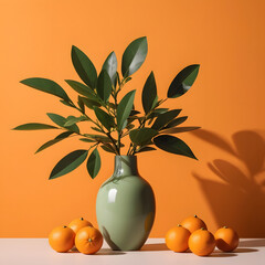Green Vase with Foliage on Orange Background with Oranges Generated AI Image
