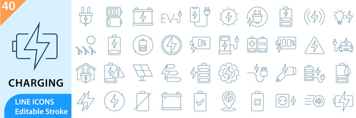 Electronic Charging, linear style icon set. Charging icon set. Containing charge, battery, energy, electricity etc. Vector illustration. Editable stroke.