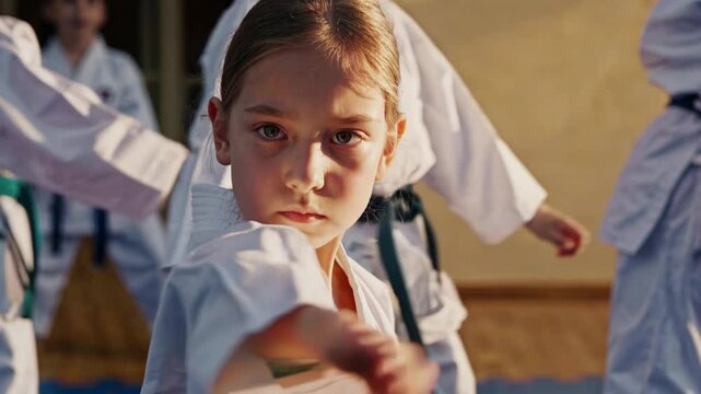 Young girl performing focused karate movements in traditional dojo, demonstrating disciplined martial arts training with intense concentration and powerful stance
