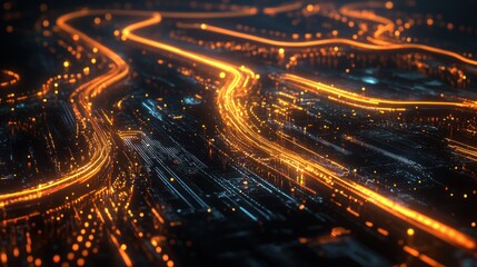 Aerial view of illuminated urban roads, showcasing traffic flow and connectivity.