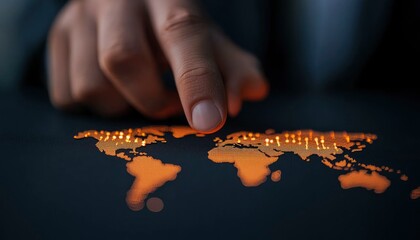 Hand touching world map on screen