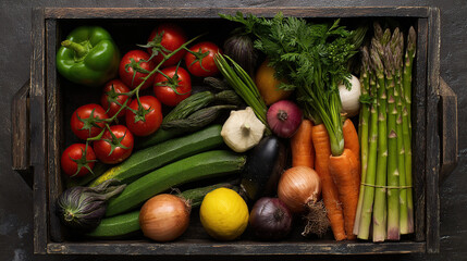 Assorted Fresh Vegetables in a Wooden Box