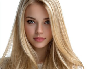 Fototapeta premium A beautiful blonde woman with long, straight, and shiny hair is facing the camera directly, posing for an advertising photo.