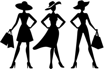 Silhouette of three women standing in a row carrying shopping bags, silhouette, women, shopping, bags, row, standing, fashion, retail, consumerism, black, white, transparent, design, vector