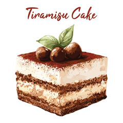 tiramisu chocolate cake in watercolor illustration style, isolated vector on white background