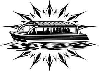 Fototapeta premium SVG design highlighting an eco-friendly lifestyle. Scenic Boat Tour on Water with Silhouettes of Passengers in Nature