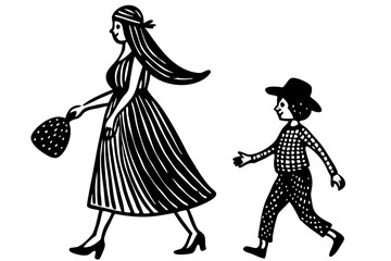 Fototapeta premium Silhouette of pregnant woman walking with child in white color on transparency, silhouette, woman, pregnant, child, walking, family, mother, parenting, motherhood, vector, illustration, design