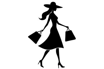 Black silhouette of a woman walking with two shopping bags on white, silhouette, woman, walking, side profile, shopping, bags, carrying, female, person, shopper, retail, commerce, consumer, lifestyle