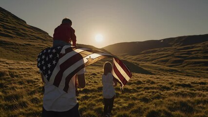 Multigenerational family with american flag enjoying peaceful sunset walk, father carrying son on shoulders while mother strolls alongside, embodying warmth and national pride - Powered by Adobe