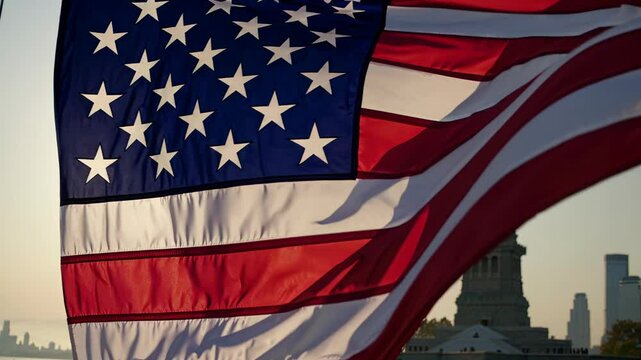 United states flag waving proudly in the foreground with the statue of liberty visible in the background, creating a patriotic and inspiring scene across six distinct panels