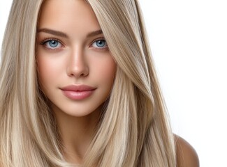 Naklejka premium Beautiful blonde woman with long, straight hair, looking at the camera, isolated on a white background