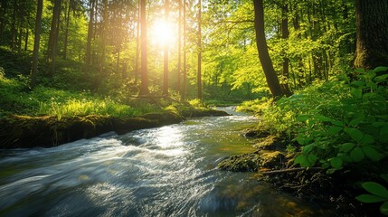 Obraz premium Sunlit Forest Stream: A Serene Scene of Nature's Beauty and Tranquility