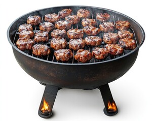 Meat patties grilling on a dark grill, steaming. Flames beneath, isolated