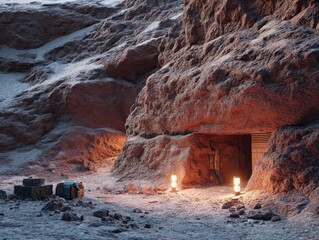 Hidden entrance within a rocky hillside, illuminated by glowing lights, suggests a secret base or shelter in a remote location.
