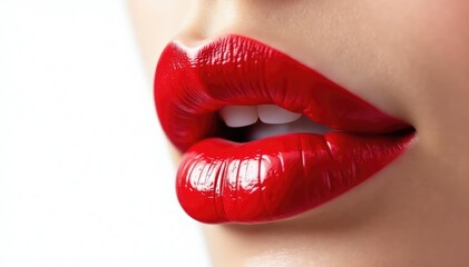 Obraz premium Close-up of luscious red lips against pure white backdrop, image, close-up, texture