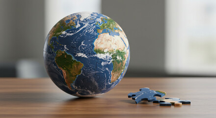 Earth globe with jigsaw puzzle pieces on a wooden table  