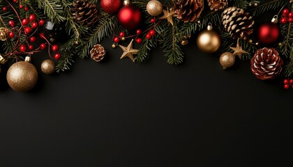 Christmas ornaments border on black background