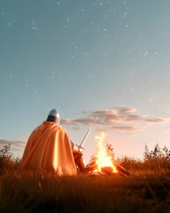 A lone knight in orange cloak rests by a campfire under a twilight sky, his sword beside him