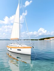 A white sailboat with orange accents glides on calm, clear water under a bright blue sky, its sail billowing gently