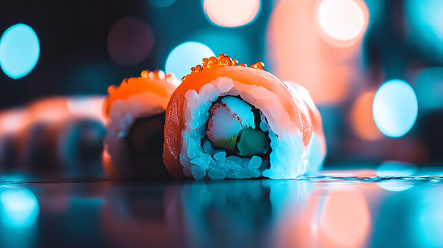 Delicious Sushi Roll  Salmon  Rice  Avocado  Seafood  Japanese Cuisine  Night Lights  Boke
