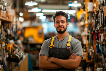 Confident hardware store manager smiling with arms crossed