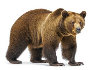 Fototapeta premium Large brown bear stands alone against a stark white backdrop, observing