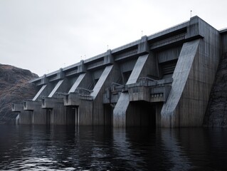Monolithic hydroelectric dam structure with angular architecture on river, a testament to engineering and clean energy generation.