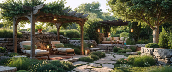 Relaxing outdoor patio scene featuring wooden pergolas loungers and stone pathways