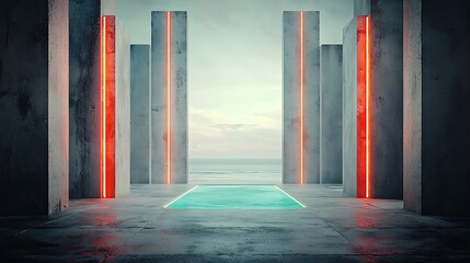 Futuristic concrete structure with neon lighting