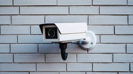 Security camera mounted on a white wall, casting a long shadow &mdash; ideal for surveillance, safety, and security-related visuals.

